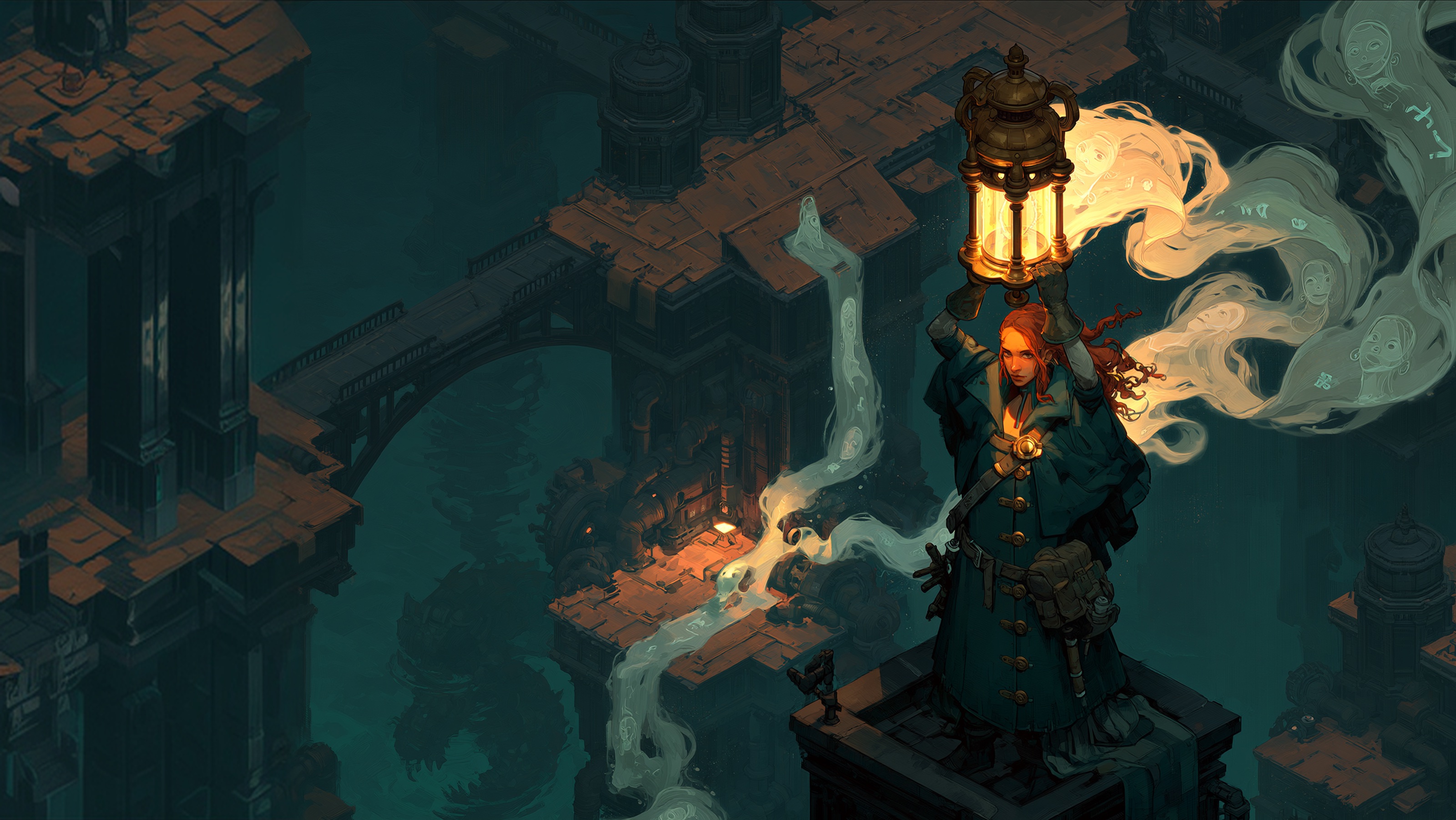 Mara Vey raising the Last Lantern above a drowned clockwork city
