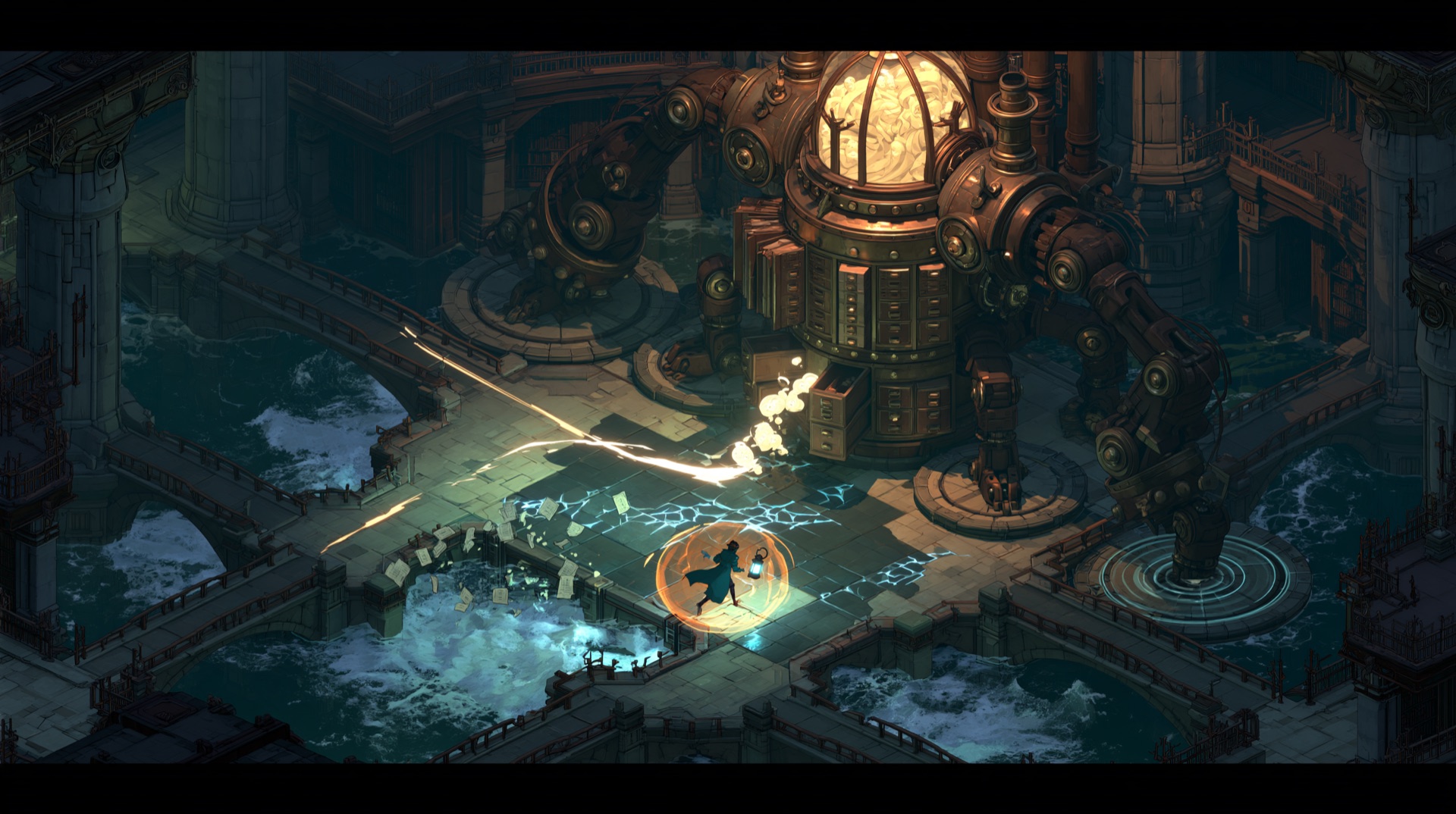 Mara confronting a towering clockwork librarian in a flooded circular reading hall