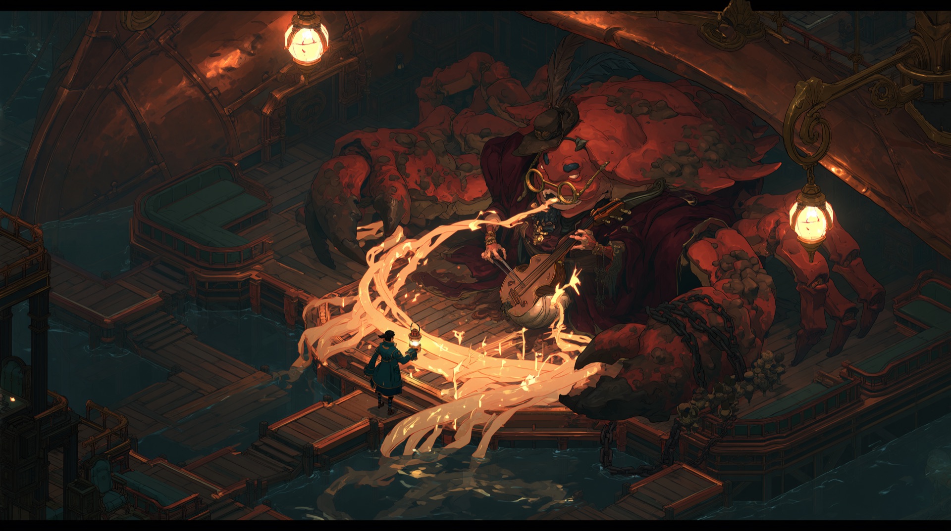 A giant crustacean bard performing beneath an overturned copper boat as Mara listens