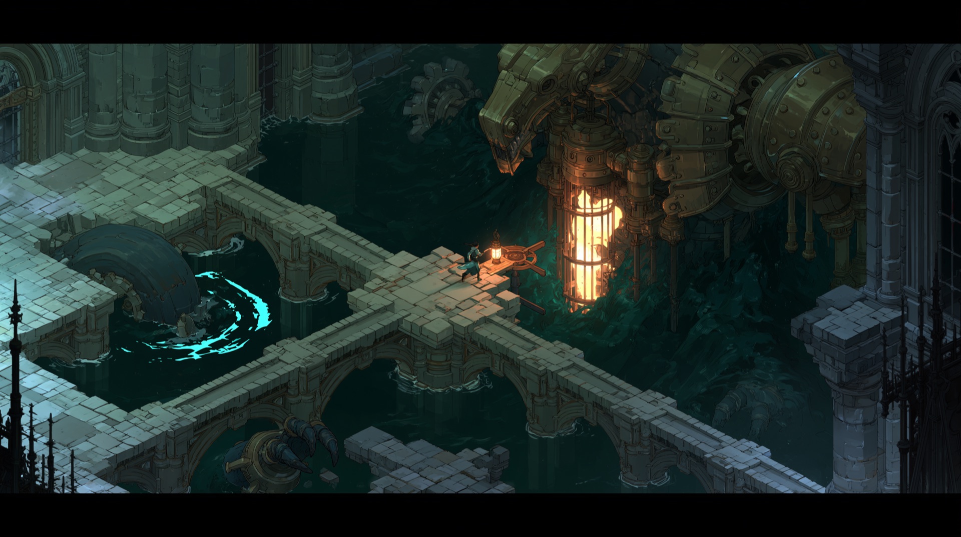 Mara crossing broken maintenance bridges while the Clockwork Leviathan moves through black-green water below