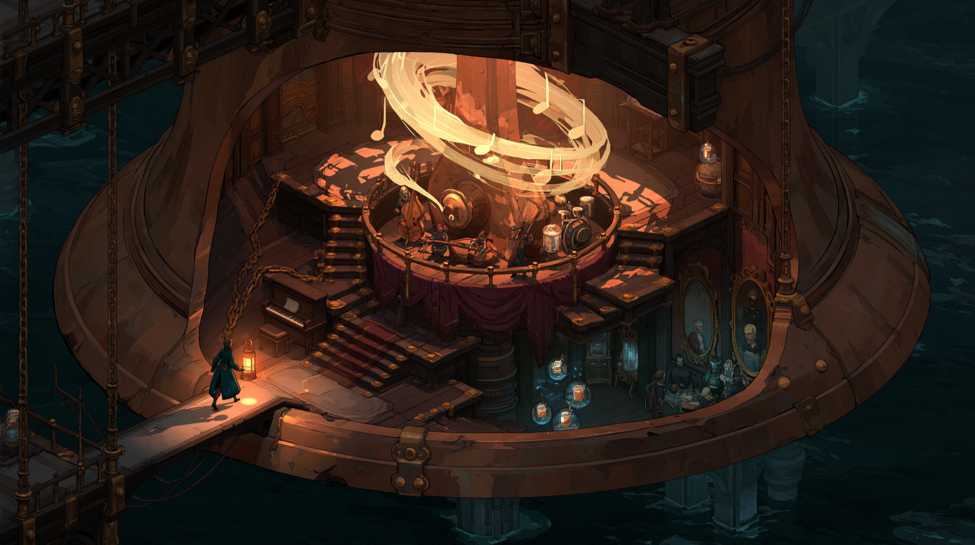 A warm clockwork tavern built inside the cutaway shell of a giant bronze bell