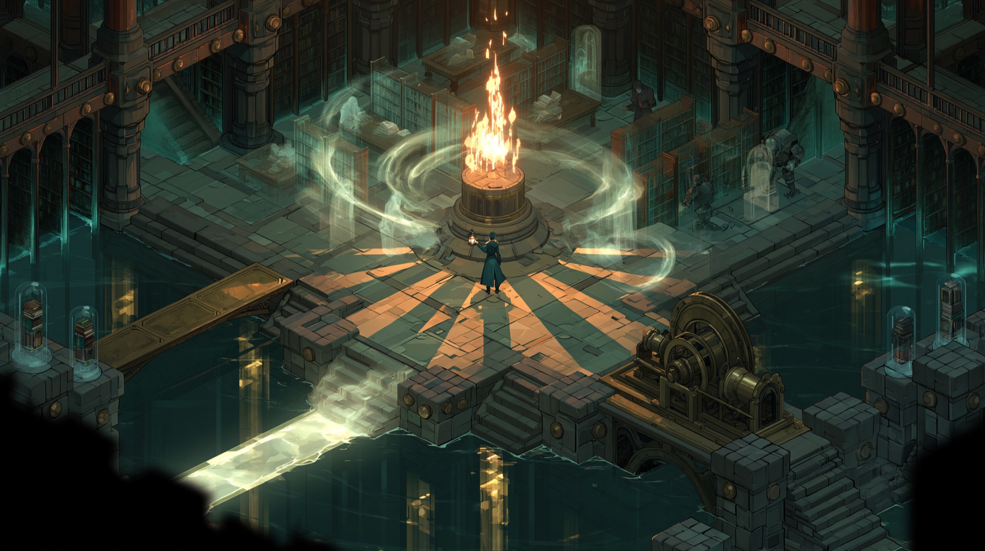 Mara Vey standing before a glowing memory flame in a flooded clockwork archive