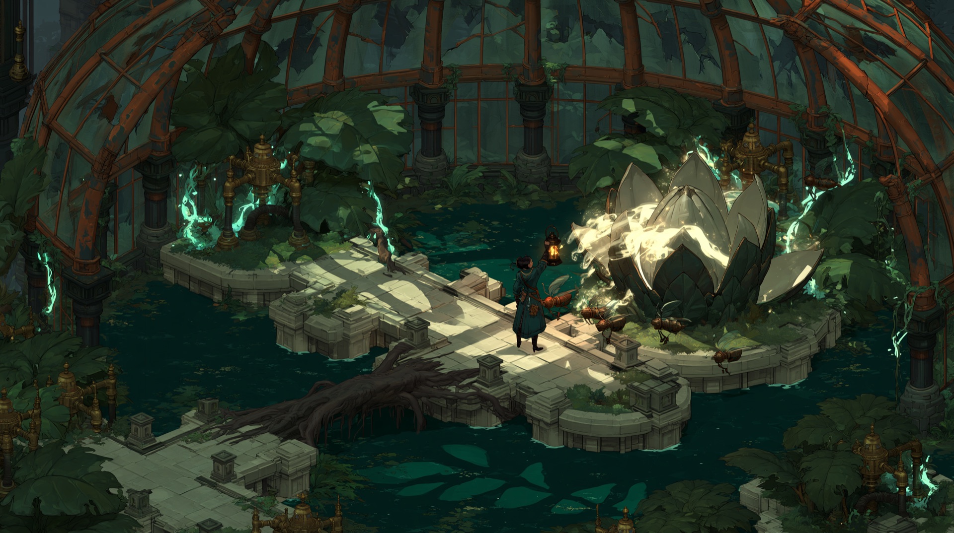 Mara awakening a giant pale flower beneath a cracked copper-framed glasshouse